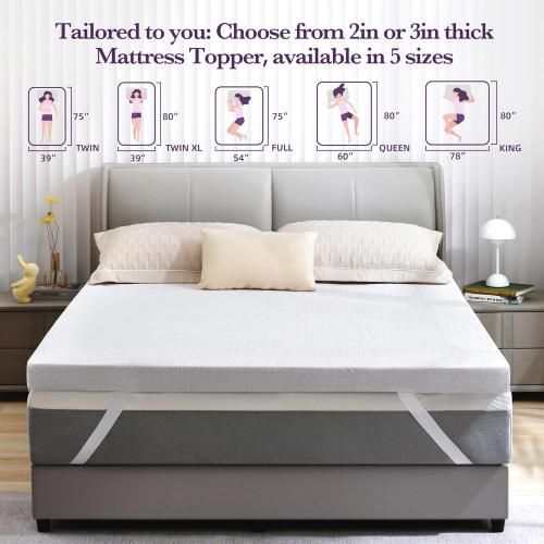 White SINWEEK 2 Inch Gel Memory Foam Mattress Topper with Cooling Cover Ventilated Soft Mattress Pad, Bed Topper, CertiPUR-US Certified