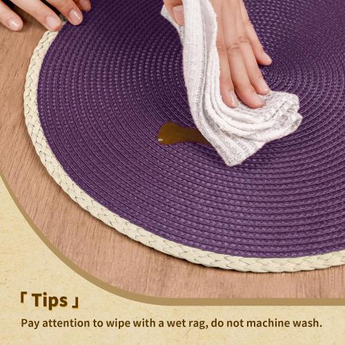 Noctiflorous Round Placemats Set of 6, 15 Inch Braided Hand Woven Table Mats, Heat Resistant Non-Slip Wipeable Thin Edge Place Mats for Kitchen Dining Indoor Outdoor Use(Purple, 6)