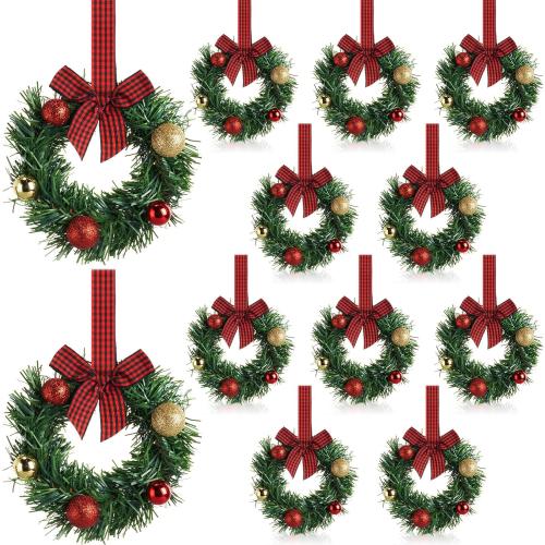 Zeyune 12 Pcs Small Christmas Wreaths for Kitchen Cabinets with Bow Ribbon Mini Cabinet Door Wreath Set Hanging Christmas Decor for Kitchen Window Outdoor Indoor, 14.96 x 7.87''(Red Plaid Bow)