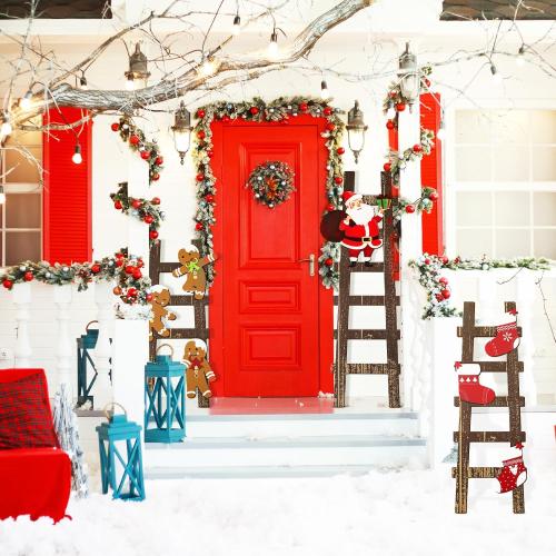 Novabright 3 Pcs Climbing Santa Ladder Wooden Ladder Decor Indoor Christmas Wall Decor for Christmas Interior Party Decoration, Home Decoration 31 in, 27 in, 22.5 in