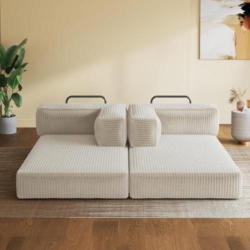 WLIVE 71'' Futon Sofa Bed, Convertible Sleeper Sofa, Folding Pull Out Couch Boneless Mattress with Fixed Frame, Corduroy, with Storage Pocket, Beige