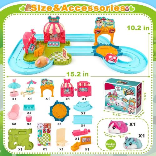 Hamster Car Track Toys for Kids - Pretend Play Ice Cream Theme Educational Track Car Games Set with 2 Mini Hamster Toys & Accessories, Birthday Gift for 3 4 5 6 7 Year Old Toddlers Boys Girls