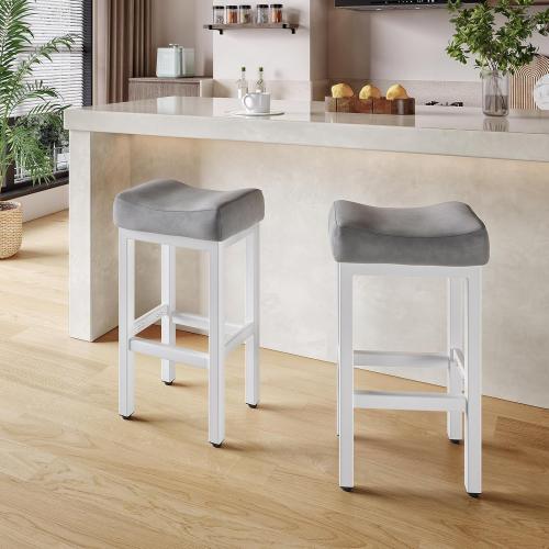 29 Inch Bar Height Bar Stools Set of 2, 29 Barstools for Kitchen Island Counter, Backless Bonded Leather Bar Height Stools with Thick Saddle Seats & Heavy Duty Metal Base, Easy Assembly, Gray/White