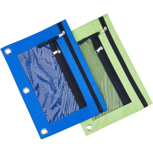3 Ring Binder Pencil Pouchs, Zippered Pencil P9ouch Double Pocket Pencil Pouch 3 Ring with Clear Window (Blue&Green 2pack)