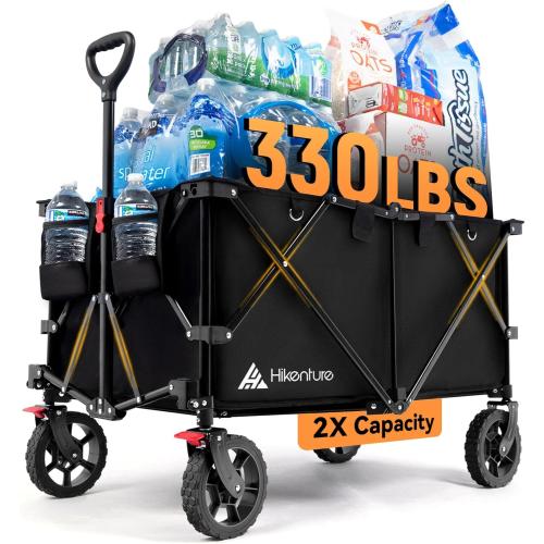 Hikenture Folding Wagon Cart, Portable Large Capacity Beach Wagon, Heavy Duty Utility Collapsible Wagon with All-Terrain Wheels, Outdoor Garden Cart Foldable Wagon for Sports, Shopping, Camping(Black)