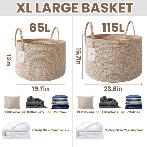 65L Extra Large Blanket Basket for Living Room - Woven Cotton Rope Laundry Hamper with Reinforced Handles - Storage Bin for Pillows, Comforters & Toys - Machine Washable,Oatmeal