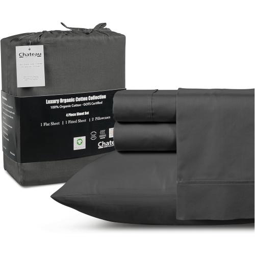 100% Cotton Sheets King Size Sheets Set with Fitted Sheet & Pillowcase Sets, Sateen Weave 4 piece Deep Pocket King Sheet Set, Soft & Comfy Naturally Cool Luxury Bedding- Charcoal