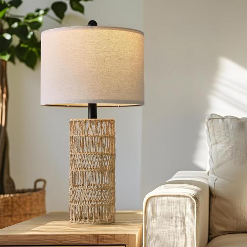 OYEARS 22.5 Boho Table Lamps Set of 2 for Living Room, Bedside Lamp for Nightstands, Rattan Lamp for Bedroom, Farmhouse Table Lamp for Room Decor, End Table, Retro, Brown（Not Include Bulbs）