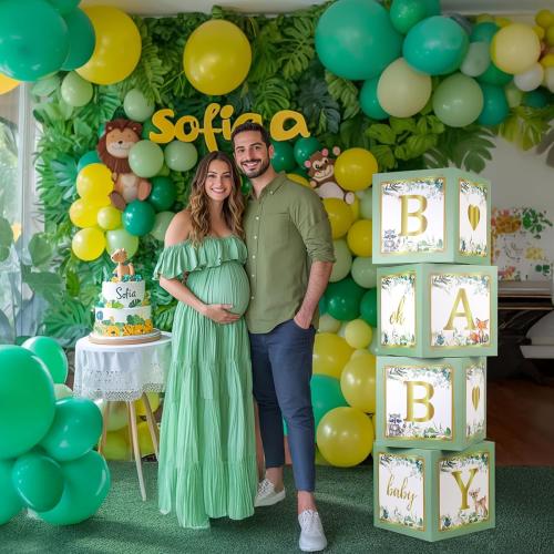 Sage Green Baby Boxes with Letters for Baby Shower, 4pcs Safari Jungle Print Baby Shower Decorations for Balloon Boxes Gender Reveal Baby Blocks BabyShower for Birthday Party Favors