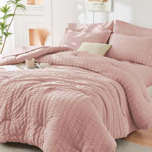 Light Pink Large Comforter Set Seersucker 7 Pieces, All Season Luxury Bed in a Bag for Bedroom, Bedding Set with Comforters, Sheets, Pillowcases & Shams