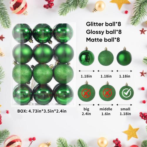 24ct Mini Christmas Balls Ornaments for Xmas Christmas Tree - Small Shatterproof Decor Hanging Ball for Holiday Wedding Party Decoration 1.18 Inch/30mm, Green