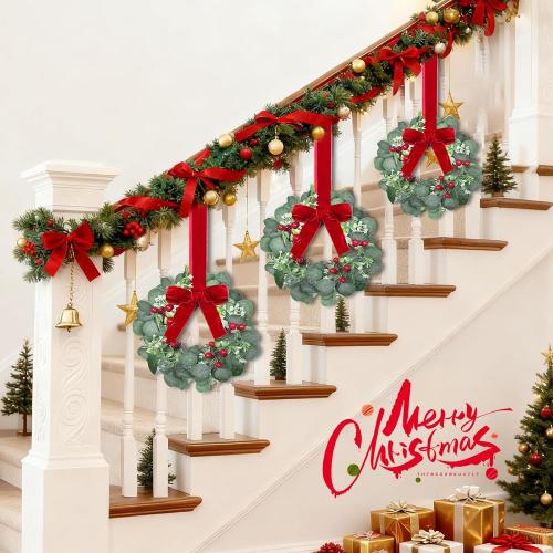 12 Pack 12 Inch Mini Christmas Wreath Small Christmas Kitchen Cabinet Wreaths with Red Bow Eucalyptus Leaves Flowering Boxwood Branches Red Berry Xmas Wreaths for Windows Door Wall Stairs Home Decor