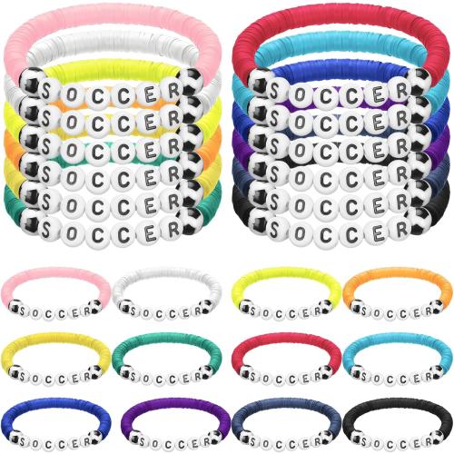 24 Pcs Soccer Bracelets Stackable Clay Beaded Bracelets Soccer Party Favors Beaded Ball Adjustable Clay Bracelet Jewelry Sports Gifts Supplies for Teen Adults
