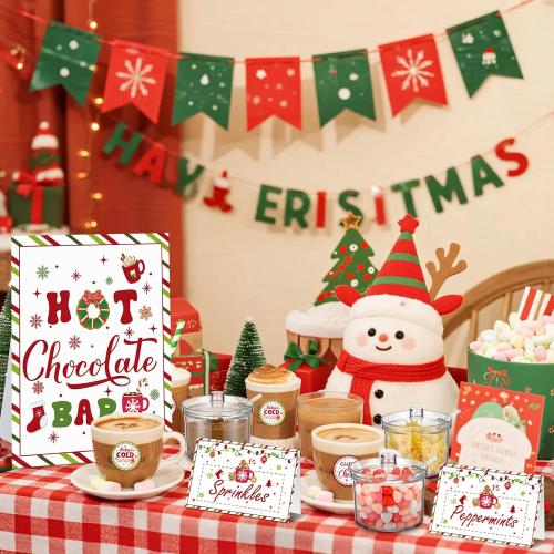 Meanplan 52 Pcs Christmas Hot Chocolate Bar Cocoa Bar Supplies 8 Acrylic Jars with Spoons 1 Hot Cocoa Stand Sign 24 Round Stickers 18 Tent Cards for Xmas Winter Party Supplies(Classic Color)