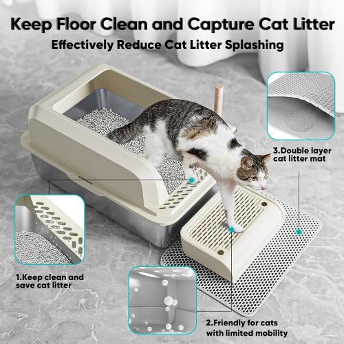 Stainless Steel Cat Litter Box with Lid, XL Large Litter Box for Big Cats, Enclosed Kitty Litter Pan with High Sides, Anti-Leakage&Non-Stick, Easy to Clean, Included Scoop, Aisle and Mat Beige