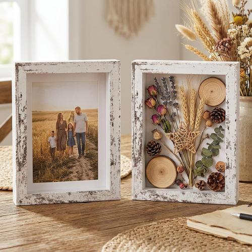 6 Pcs Wooden Picture Frame, Distressed White Frame Display Display Picture 5 x 4 with Mat or 8 x 6 Without Mat, Wood Rustic Photo Frames for Tabletop and Wall Mounting
