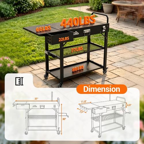 Grill Cart for Blackstone Griddle, Outdoor Grill Table for Ninja | Foldable Pizza Oven Stand Grill Stand Fit 17 or 22 Inch Tabletop Griddle, Portable BBQ Prep Station with Tool Hooks & Wheels