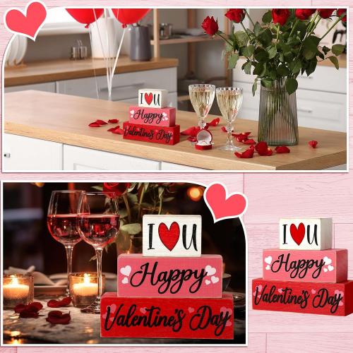Huquary 3 Pcs Farmhouse Valentine's Day Tiered Tray Decor Table Sign Pink Theme Wood Decorations Valentine's Day Centerpiece Decor for Party Gift Desk (Fresh Style)