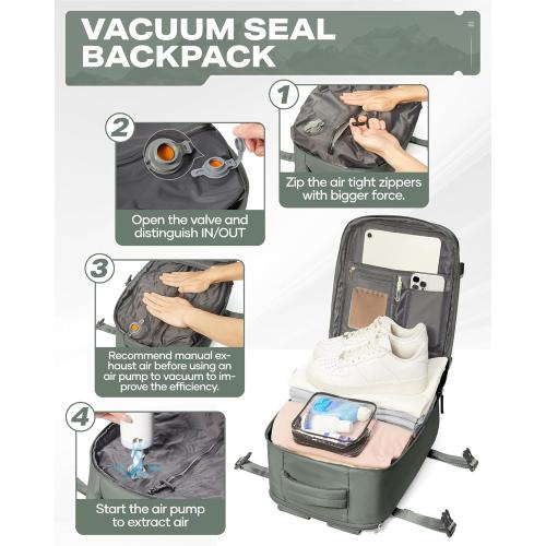 Travel Vacuum Backpack for Women Men, Large  Carry on Luggage Spirit United Flight Approved, Personal Item Travel Bag with Wet Dry Separation Pocket USB Charging, Green