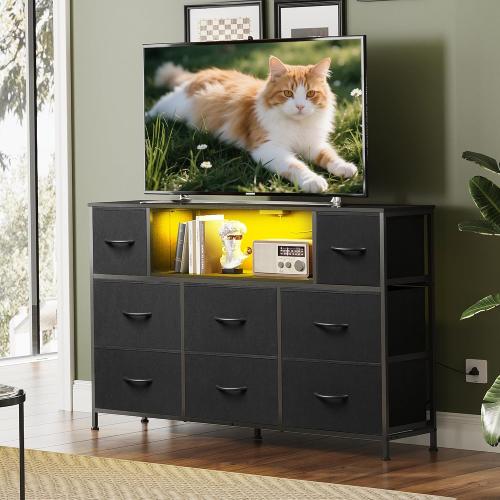 Black 11.7D x 47.2W x 31H WLIVE Black TV Stand for 45, 50, 55 inch TV, Entertainment Center with LED Lights & Charging Station, TV Media Console Table with 8 Fabric Drawers and Open Shelves for Living Room, Hallway, Wood Top