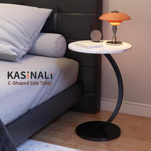 C Shaped Side Table End Table Round Small Side Table,White & Black | C Shaped End Table Metal Frame for Sofa Bed Couch Living Room Bedroom Small Spaces Bedside TV Tray Accent Nightstand Table