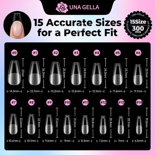 UNA GELLA Coffin Gel Nail Tips Medium Pre-Etched Full Cover 15 Sizes 300PCS