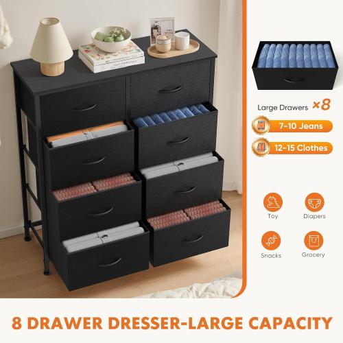 Sweetcrispy 8 Drawer Dresser with Fabric Bins Fabric Storage Tower Organizer for Bedroom Closet Hallway Entryway Tall Chest of Drawers with Steel Frame Wood Top Easy Pull Handles,Black