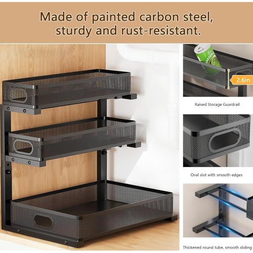 Under Sink Organizer, 3-tier Under Sink Storage Organizer Adjustable Height Easy Assembly Pull Out Cabinet Organizers Basket for Bathroom Kitchen Pantry Home Organization