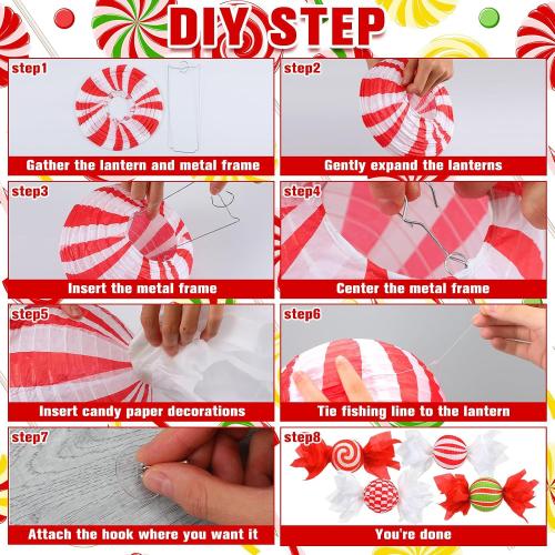 Baquler 12 Pcs 8 Inch Christmas Hanging Paper Lanterns Candy Party Decorations Paper Christmas Decor Candy Canes Peppermint DIY Decorations for Indoor Holiday Xmas Classroom Office Decor