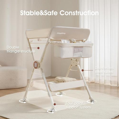 Maydolly Changing Table，Portable Diaper Changing Station, Foldable Baby Changing Table,Compact Nursery Diaper Changing Table for Baby，Adjustable Height，Mobile on Wheels (Beige)