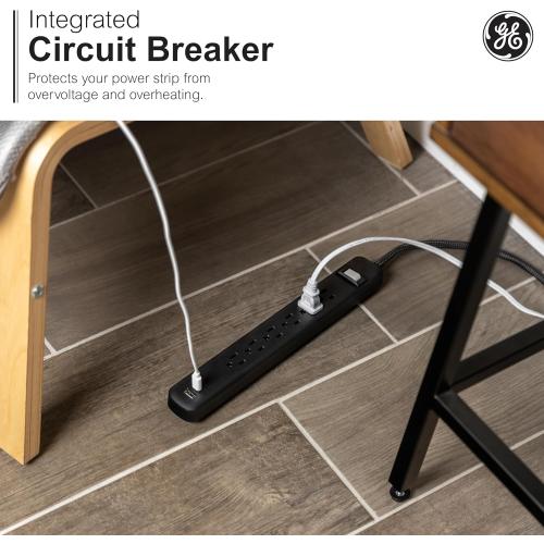 GE 6-Outlet Power Strip with USB, 1 USB-A, 1 USB-C, Outlet Extender, 6 Ft Braided Extension Cord, Flat Plug, Charging Station, Black, 82595