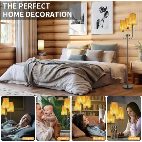 Boho Floor Lamp for Living Room, 3 Light Farmhouse Floor Lamps with Cage Rattan Shade & 7W LED Bulbs, Black Rustic Tree Standing Tall Lamp for Bedroom Corner,65,3 Color Temperature