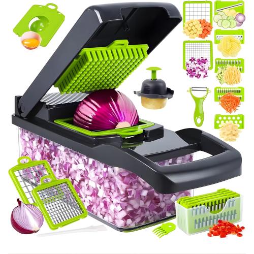 Kitchen Accessories 14 in 1 multifunctional vegetable and fruit cutter with Container,Onion Chopper Mandoline Slicer,Home and Kitchen Essentials,food Slicer for Salad,Garlic Chopper Green/Gray