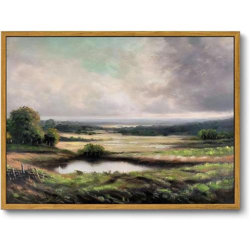 OIQArtOIQ Vintage Landscape Canvas Wall Art Framed Natural Scenery Painting Artwork Prints France Country Wilderness Farmhouse Decor Pictures Kitchen Bedroom Living Room Bathroom