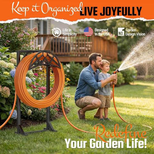 Garden Hose Reel, Heavy Duty Water Hose Holder for Outside | Freestanding Metal Hose Stand Holds Up to 150 FT, Outdoor Hose Storage Rack and Organizer for Garden, Yard and Patio