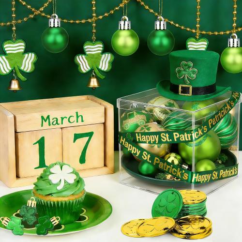 36Pcs Hanging Ball Ornaments St Patricks Day Decorations, Shamrock Tree Ornaments Irish Festival Good Luck Clover Green Gold Ball for Party Home Spring Shelf Shamrock Decorations