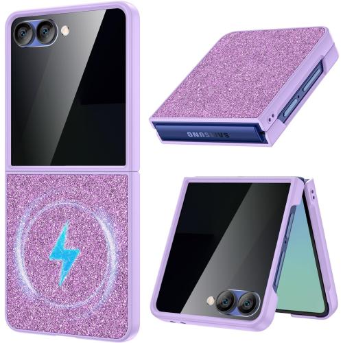 Maxdara for Z Flip 7 Glitter Case, Samsung Flip 7 Magnetic Case with Privacy Screen Protector Slim Cover Support Wireless Charging, Purple (Privacy Screen)