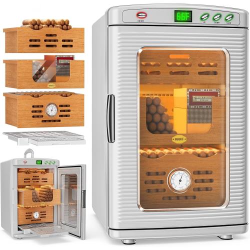 Cigar Humidor Cabinet, 25L Electric Thermostatic LED Cigar Humidor for 160-200 Cigars, Cedar Wood Shelves, Hygrometer & Humidifying Tray, Glass Door, ABS Moisture proof Shell, Cigar Care Partner