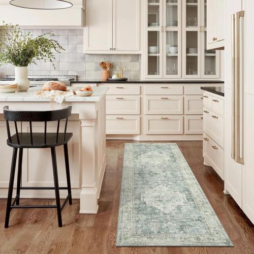 Washable Small  Runner Rug for Bathroom, Non Slip Kitchen Mats for Floor Entryway, Boho Indoor Front Door Mat Low-Pile Runners for Hallways, Farmhouse Rugs for Laundry, Sage Green