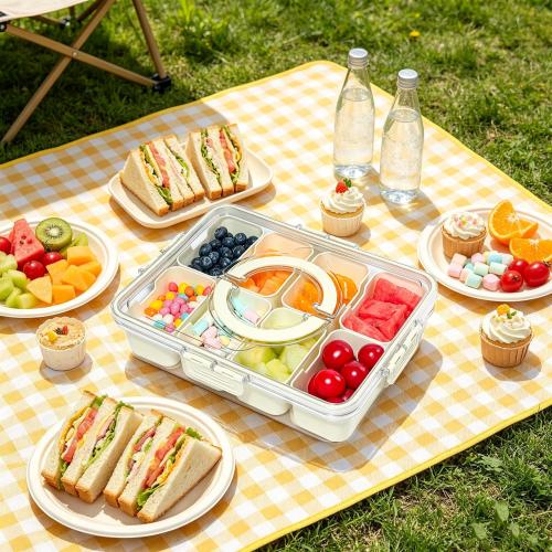 HRXFOZ Divided Serving Tray with Lid and Handle, 8 Compartment Snack Box, Portable Snack Platter for Fruits, Veggies, Nuts, Party Entertaining, Picnic (1 PCS)