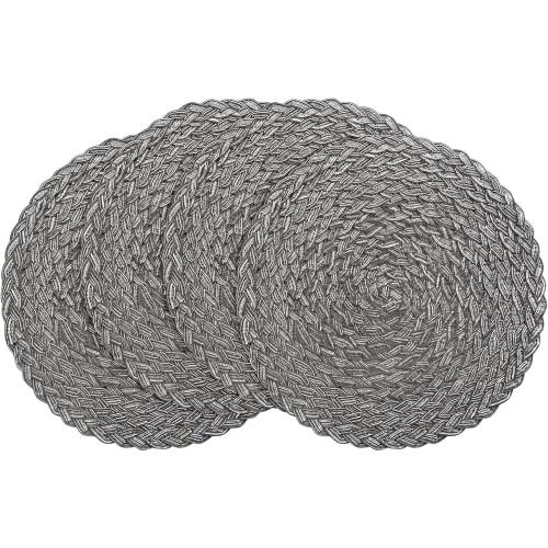Floroom 15 Inch Round Braided Placemats Set of 4, Washable Heat Resistant Cotton Polyester Circle Boho Place Mats for Kitchen Dining Table - Mist Grey