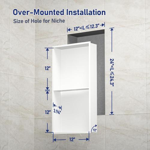 Stainless Steel Shower Niche White 24 X 12 W/ 2-Tier Shelf | Recessed shower niche no tile needed,space-saving,vertical niche, silver bathroom niche shower for shampoo & soap storage