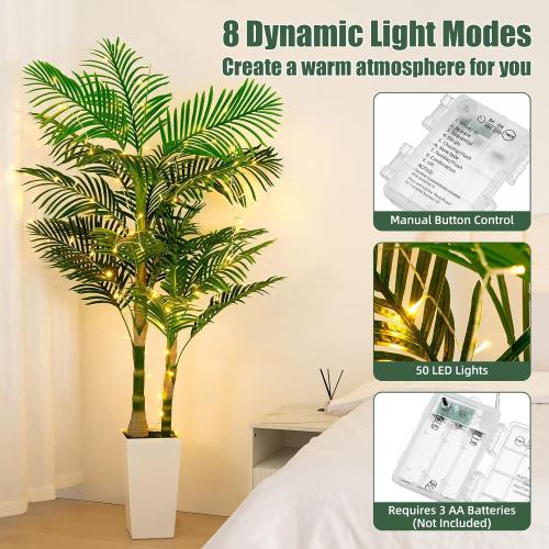 6ft Artificial Golden Cane Palm Tree with LED Fairy Lights & White Tall Planter - Lifelike Faux Tropical Palm Plant with Realistic Trunk and Palm Leaves for Home Office Living Room Corner Decor