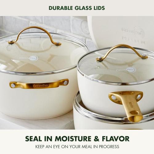 GreenPan Hard Anodized Healthy Ceramic Nonstick 10 Piece Cookware Pots and Pans Set, Gold-Tone Stainless Steel Handles, PFAS & PFOA-Free, Dishwasher Safe, Oven & Broiler Safe, Cream White‼️incomplete set ‼️