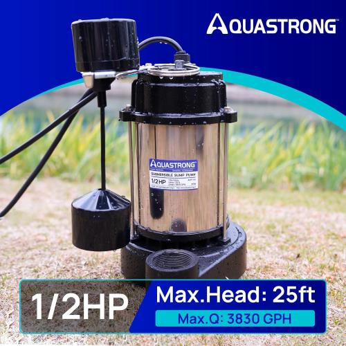 AQUASTRONG 1/2 HP Sump Pump Submersible, 3830 GPH Stainless Steel and Cast Iron Basement Water Pump, Automatic Integrated Vertical Float Switch with Piggy-back Plug,1-1/2 NPT Discharge Subpumps