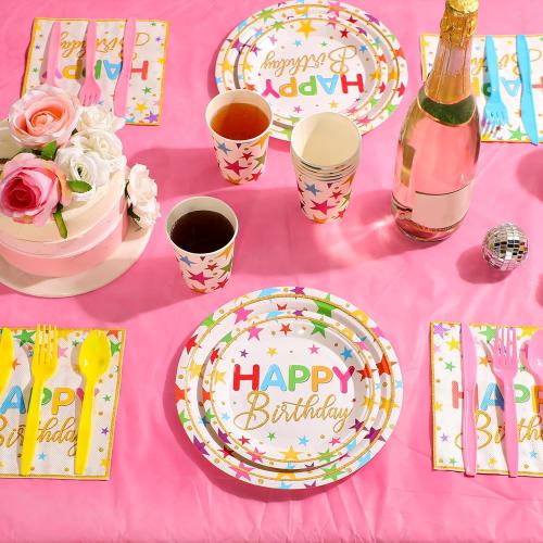 Meanplan Serves 24 Guests Happy Birthday Plates and Napkins Rainbow Star Birthday Tableware Set Rainbow Happy Party Decorations for Kids Included Cups Knives Forks Spoons Total 168 Pcs