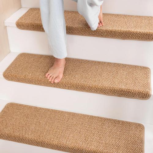 Bullnose Carpet Faux Sisal Stair Treads | Set of 14 | Stair Treads for Wooden Steps Indoor Anti Slip Braided Staircase Protector Pet Friendly Rugs Covers 9.44 X 29.5x 1.9,Golden