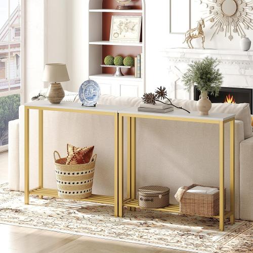 YATINEY Narrow Console Table, 2-Tier Small Sofa Table, 29.5 Thin Entryway Behind Couch Table with Shelves, Industrial Hallway Table, for Living Room, Foyer, White and Gold CT03DW