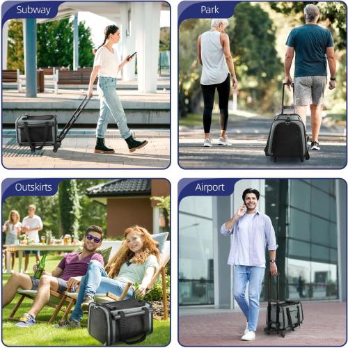 YUDODO 25lbs Large Cat Carrier with Wheels Lightproof Airline Approved Dog Carrier for Small Dog Detachable Rolling Pet Carrier for Traveling Groomers Vet Visits(Gray-Green)