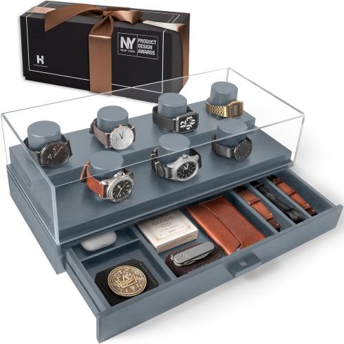 Holme & Hadfield Premium 7-Slot Wooden Watch Display Case with Lifetime Assurance – Large Handcrafted Men’s Watch Box with Accessory Drawer – Father’s Day Gift for Collectors – Luxury Built to Last- Brown